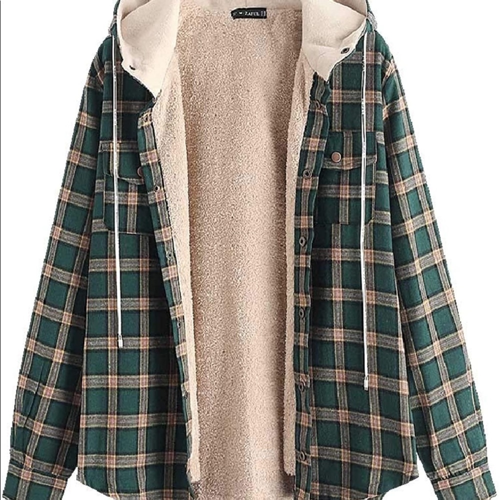 ZAFUL Men's Casual Plaid Chest Pocket Fleece Drawstring Hooded Jacket